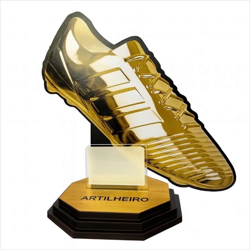 Trof�u de Futebol Artilheiro Chuteira Ouro 20cm MDF/Acr�lico