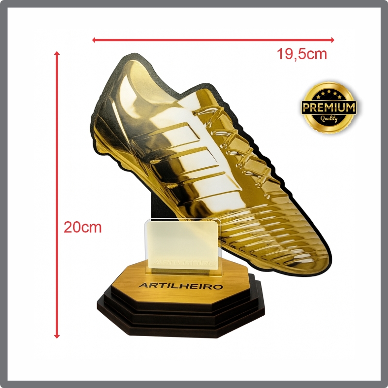 Trof�u de Futebol Artilheiro Chuteira Ouro 20cm MDF/Acr�lico