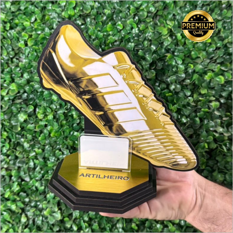 Trof�u de Futebol Artilheiro Chuteira Ouro 20cm MDF/Acr�lico
