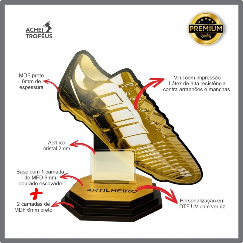Trof�u de Futebol Artilheiro Chuteira Ouro 20cm MDF/Acr�lico